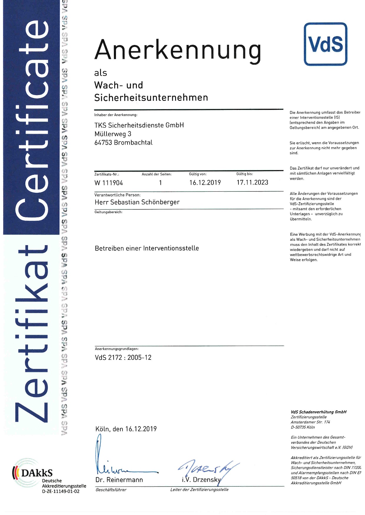 Anerkennung der Interventionsstelle gemäß VdS 2172