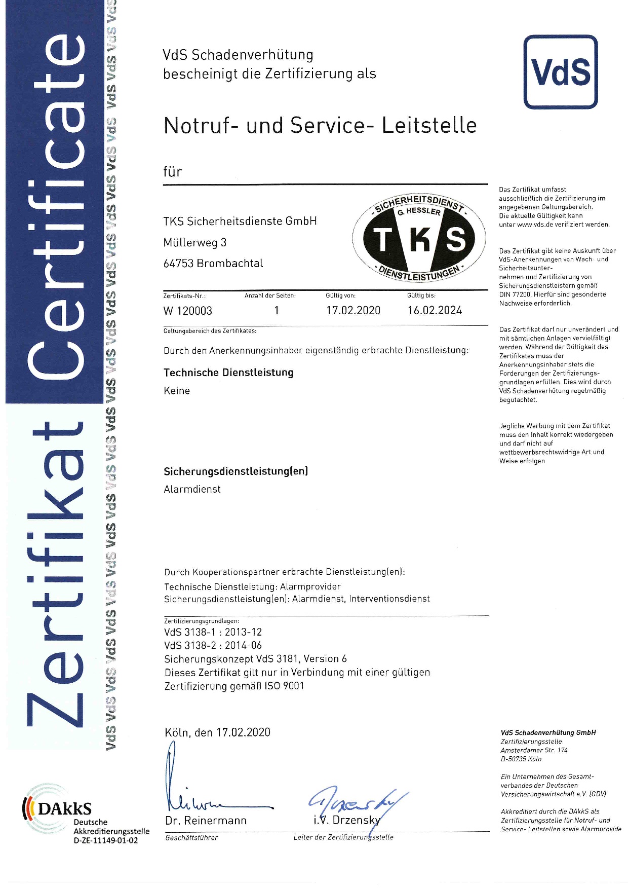 Anerkennung der NSL gemäß VdS 3138